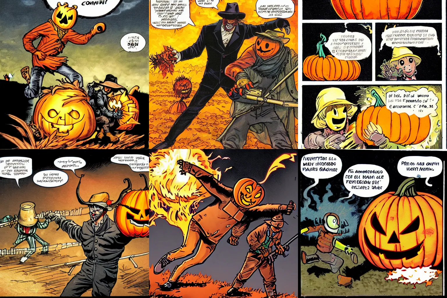 Prompt: Man with pumpkin head!!! holding a flamethrower!!!!! fighting a scarecrow!!! comic panel