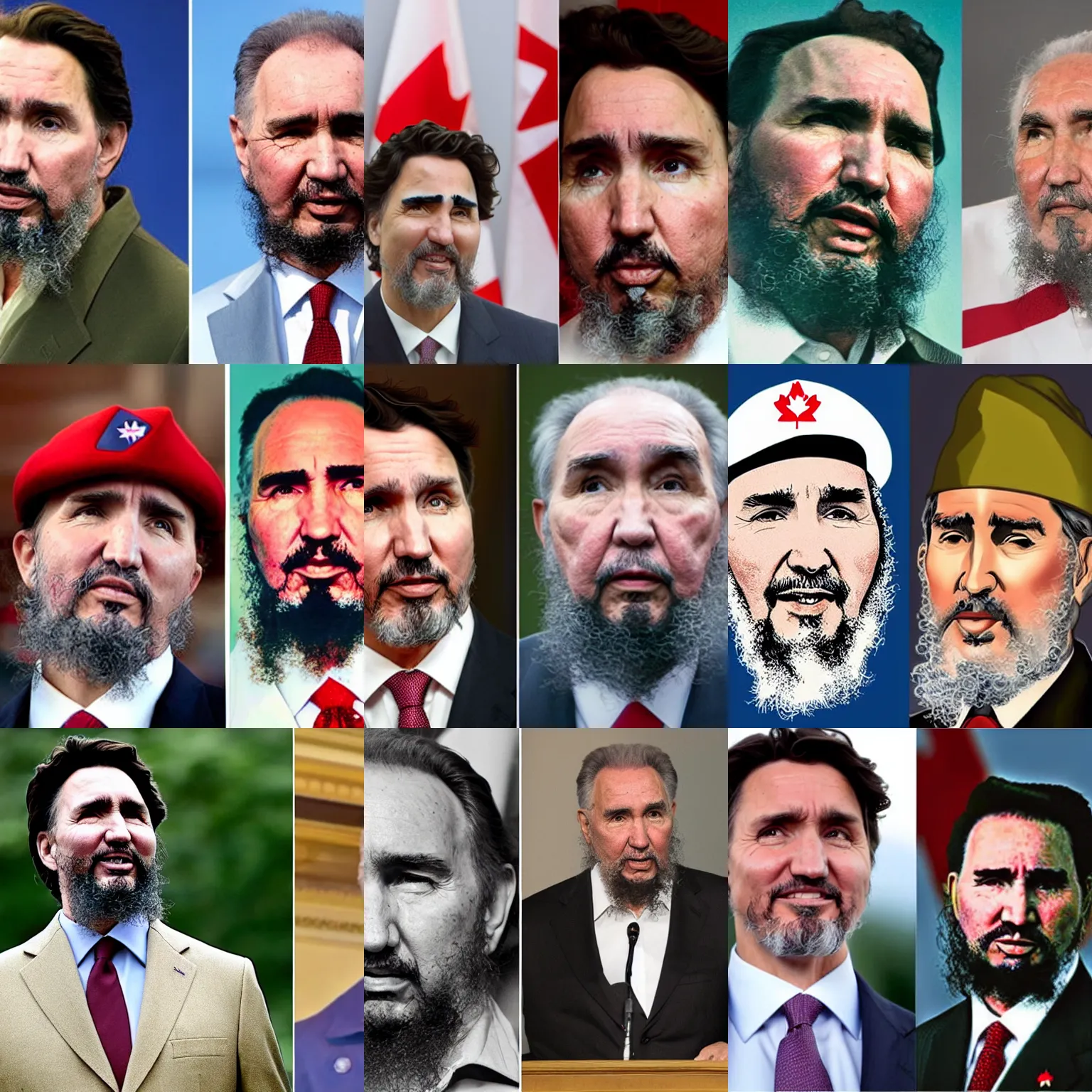 Prompt: vertical split view, left justin trudeau, right fidel castro