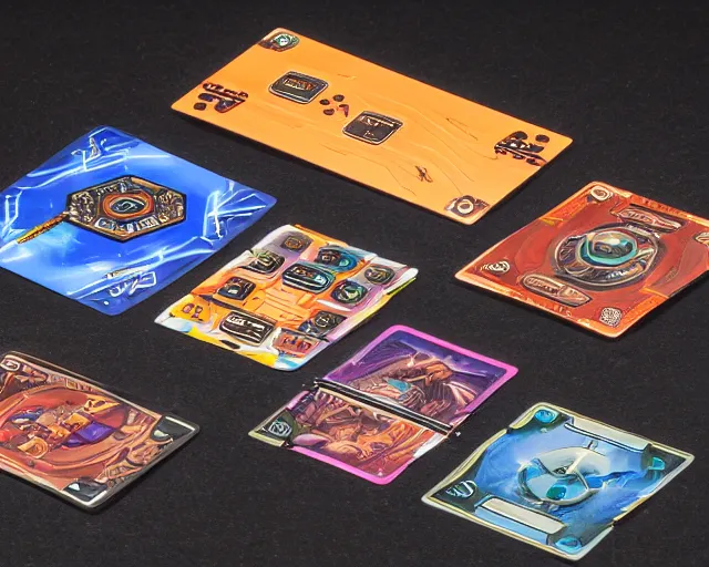 Prompt: futuristic nft card game, full - view, 2 d clean focus centered intricate detail, knolling, studio lighting