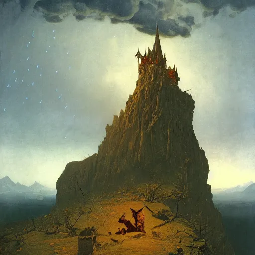 Image similar to a detailed profile oil painting of a lone medevil castle on a mountain, lightning, aurora lighting clouds and stars by beksinski carl spitzweg and tuomas korpi. baroque elements, full - length view. baroque element. intricate artwork by caravaggio. trending on artstation. 8 k