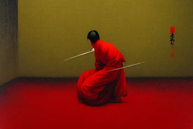 Image similar to only with red, a red samurai harakiri, tokio, a lot of frogs watch, in the style of beksinski, parts by edward hopper, parts by rodcenko, parts by yue minjun, intricate and epic composition, red by caravaggio, insanely quality, highly detailed, masterpiece, red light, artstation, 4 k