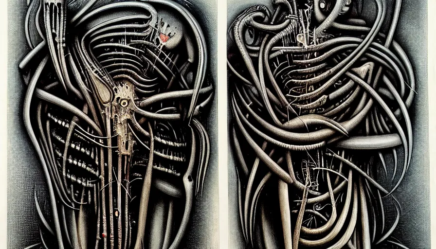 Image similar to the two complementary forces that make up all aspects and phenomena of life, by HR Giger