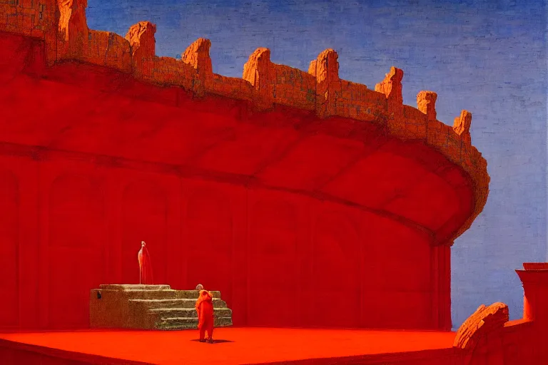 Image similar to only with red, a red melted emperor, taormina amphitheatre, crowd hails him, in the style of beksinski, parts by edward hopper, parts by rodcenko, parts by yue minjun, intricate and epic composition, red by caravaggio, insanely quality, highly detailed, masterpiece, red light, artstation, 4 k