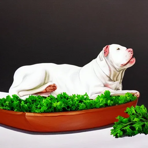 Prompt: painting of a white pitbull on a bed of parsley with a parsley garnish on top, highly detailed