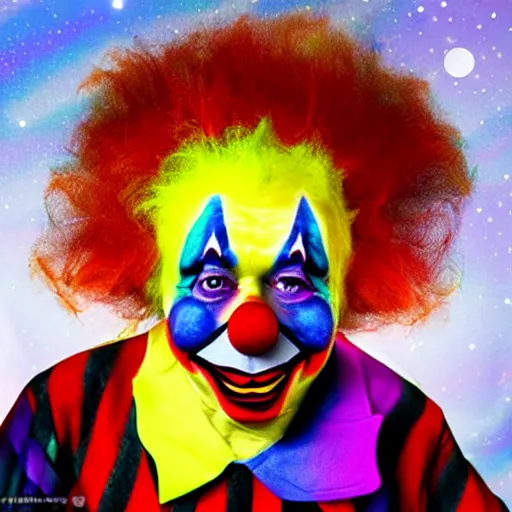 Prompt: UHD photorealistic Cosmic Einstein wearing a clown costume with real clown makeup in the style of tonalism