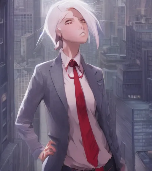 Image similar to a girl in a business, close up, sharp focus, red necktie, grey hair, serious expression, city background, digital painting, by tran ross and jordan grimmer and greg rutkowski, anime art, artstation, hd, smooth,