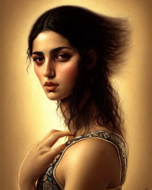 Image similar to a highly realistic, true to life portrait of a beautiful young middle eastern girl, sharp focus, from the waist up, under studio lighting, taken with a canon eos camera with 1 3 5 mm focal length, art by karol bak, james jean, tom bagshaw, trending on artstation,