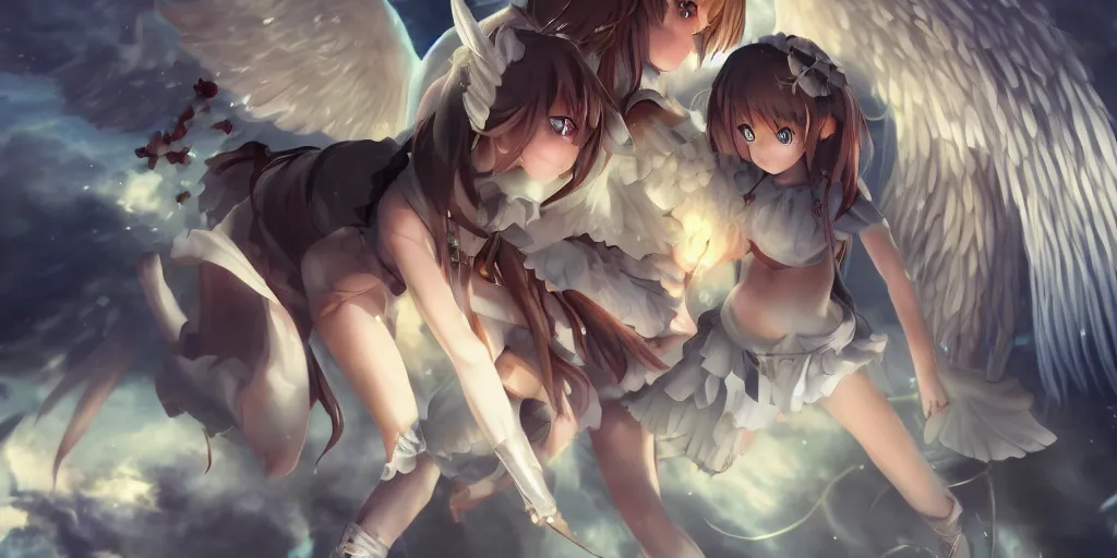 Prompt: a battle between an angel!!!!!!! anime girl and a demon made out of crystal!!!!!!!!, wide angle, cinematic lighting, highly detailed, official media, Sakimichan