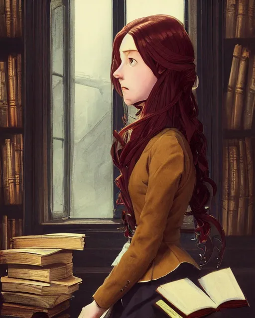 Image similar to a portrait of a victorian maid with long, flowing, auburn hair, detailed face, large eyes, standing in a victorian reading room, window, short bookshelf, holding a stack of books, vivid colors, soft lighting, atmospheric, cinematic, moody, in the style of Ilya Kuvshinov and Range Murata, Krenz Cushart, oil on canvas, anime, 8K