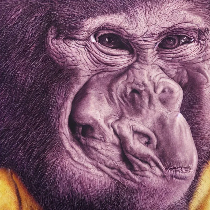 Prompt: hyper realistic painting by chuck close, studio lighting, brightly lit purple room, an ape with antlers laughing at a giant crying rabbit clown