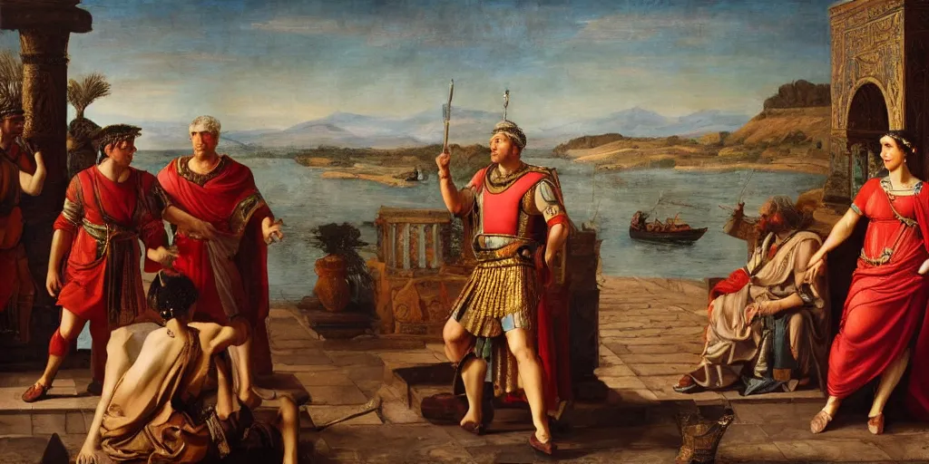 Image similar to Highly detailed and cinematic Renaissance period oil painting of Julius Caesar and Cleopatra on the Nile, an oil painting ((masterpiece)) by ((Josep Tapiró Baró)), dynamic lighting, 8K