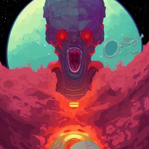 Prompt: digital painting of an elder god in space by Tomer Hanuka, hyperdetailed, cosmic horror, vivid colors, trending on Artstation