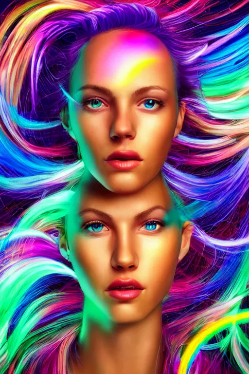 Image similar to a award winning half body portrait of a beautiful woman with stunning eyes in a croptop and cargo pants with rainbow colored ombre hairstyle head in motion and hair flying by thomas danthony, surrounded by whirling illuminated liquids, outrun, vaporware, shaded flat illustration, digital art, trending on artstation, highly detailed, fine detail, intricate