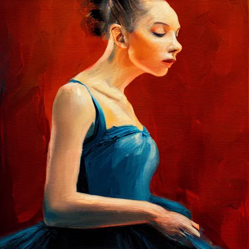 Image similar to portrait of a ballerina, impasto paint, 8 k, cinematic light, shadows, reflection highlights in the paint,