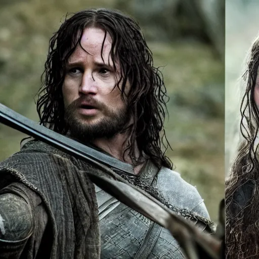 Image similar to first photos of 2 0 2 4 female lotr remake show 3 starts - jennifer lawrence as aragorn, megan fox as aragorn and florence pugh as gimli, ( eos 5 ds r, iso 1 0 0, f / 8, 1 / 1 2 5, 8 4 mm, postprocessed, 4 k )