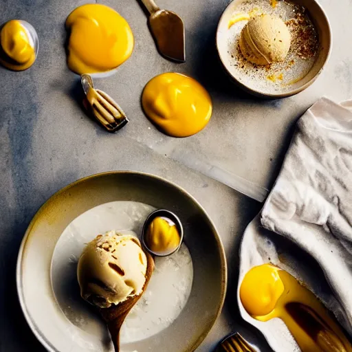 Image similar to ice cream with eggs and mustard on it, food photography, highly detailed