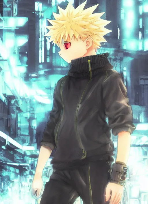 Image similar to Killua walking towards camera, low angle, epic, artstation, cyberpunk, intricate complexity