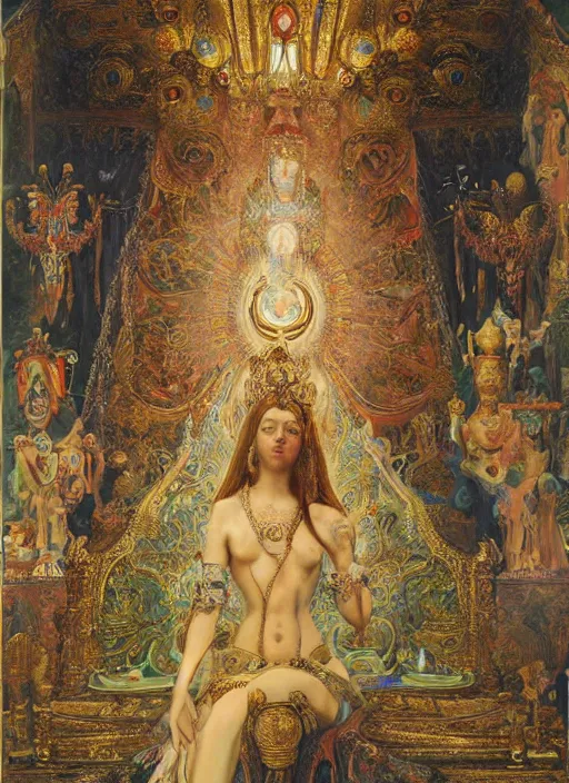 Image similar to oil painting of portait Queen of Ecstasy in a large throne room, Hungarian, by Yoshitaka Amano, by Georgia o Keeffe, by Gustave Moreau