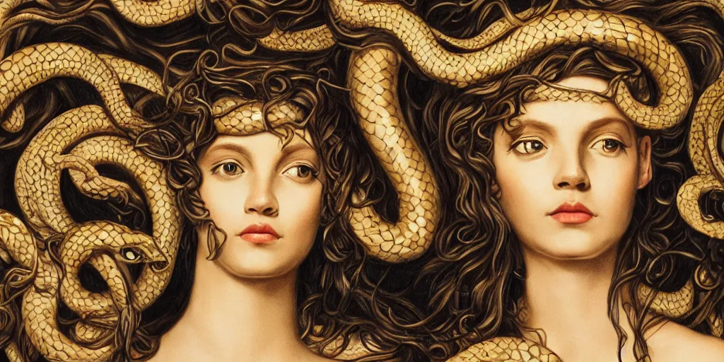 Image similar to realistic portrait of beautiful medusa with her snakes, golden, delicate, hyper realism, 1 4 5 0, ink, ultra realistic, 8 k