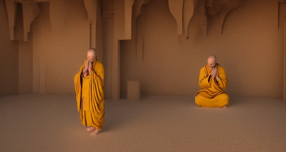 Image similar to a golden statue of a monk praying inside if a desert temple, atmospheric lighting, 4 k