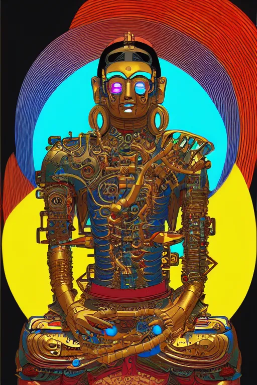 Image similar to cyberpunk cyborg tibetan multi armed bodhisattva, golden ratio, sharp linework, clean strokes, sharp edges, flat colors, cell shaded by moebius, Jean Giraud, trending on artstation