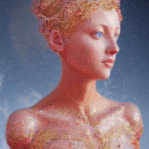 Prompt: abstract highly detailed female sculpture portrait made of white marble and red crystals quartz, ethereal lights, fine details, artstation, film still, rim light, cinematic photoshooting, luxury, 8 k, intricate golden filigree, octane render, hypperrealistic painting, abstract liquid acrylic art by renoir