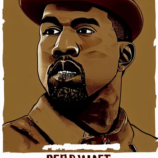 Image similar to kanye west in illustration red dead redemption 2 artwork of kanye west, in the style of red dead redemption 2 loading screen, detailed face by stephen bliss