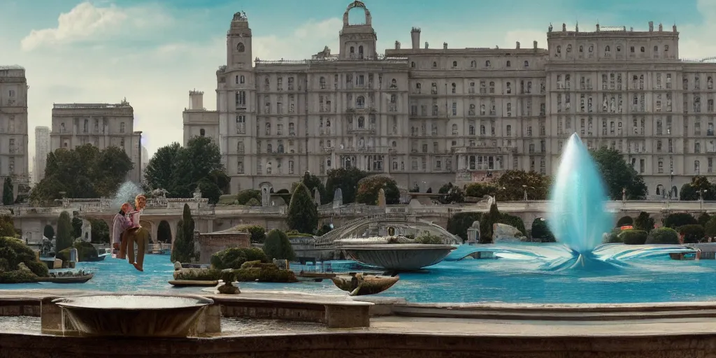 Image similar to a very high resolution image from a new movie, upside - down building and fountain, beautiful scenery, photorealistic, photography, directed by wes anderson