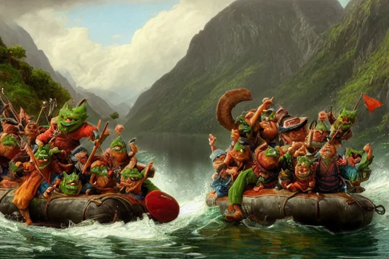 Image similar to a group of green goblins riding on a raft in a norwegian fjord by justin gerard by thomas cole