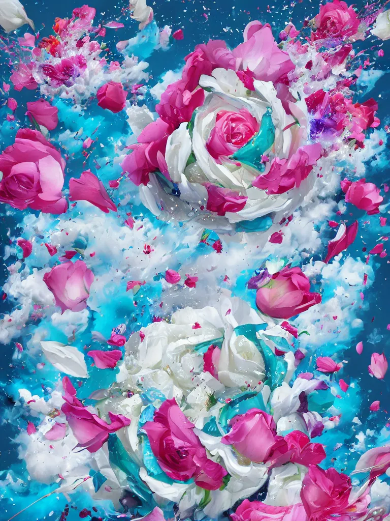 Prompt: hadouken of white and pink roses, flowers exploding and splattering, blue sky, big puffy clouds, spraypaint, wildstyle, totem 2, graffiti, exploding roses, large rose petals, lotus petals, large triangular shapes, studio ghibli anime, radiant lighting, artgerm, manga, trending on artstation, art nouveau, mature colors