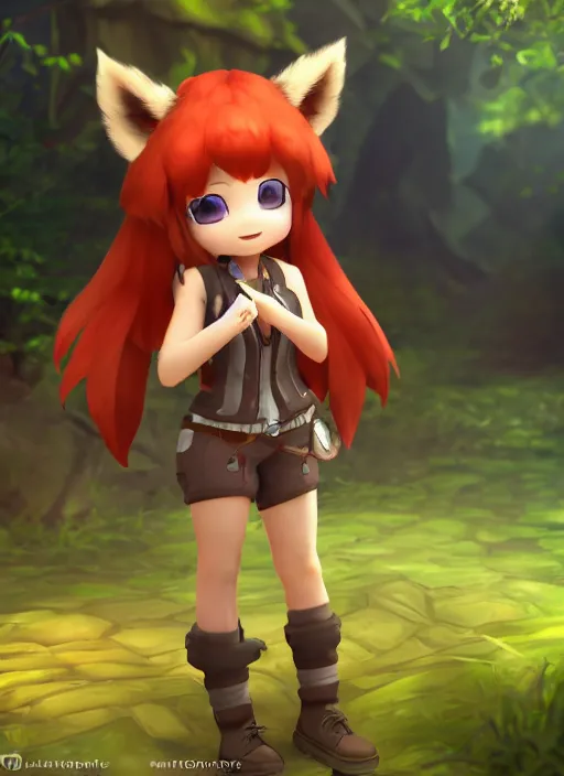 Prompt: female explorer mini cute girl, adoptable, highly detailed, rendered, ray - tracing, cgi animated, 3 d demo reel avatar, style of maple story and aura kingdom, maple story indiana jones, fluffy fox ears, dark skin, cool clothes, soft shade, soft lighting, portrait pose