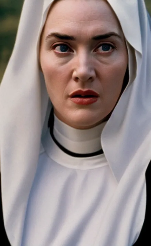 Image similar to kate winslet as a nun in her childhood days, intricate, cinematic lighting, highly detailed, canon 3 5 mm photography, horizontal symmetry, smooth, sharp focus