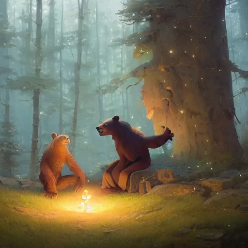 Image similar to a bear teaching calculus, stephen bliss, unreal engine, fantasy art by greg rutkowski, loish, rhads, ferdinand knab, makoto shinkai and lois van baarle, ilya kuvshinov, rossdraws, tom bagshaw, global illumination, radiant light, detailed and intricate environment