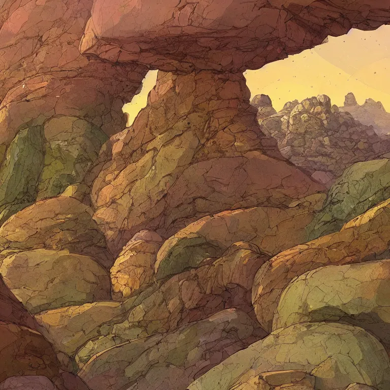 Prompt: bunch of different shapes and sizes of canyon rocks and arcs, concept art by jean giraud, featured on deviantart, environmental art, 2 d game art, concept art, artstation hq