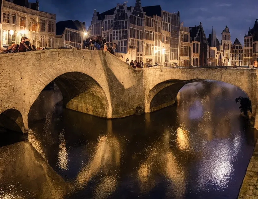 Prompt: close view of a medieval stone bridge over water in gent belgium at night, peaceful and serene, incredible perspective, soft lighting, anime scenery by makoto shinkai and studio ghibli, very detailed