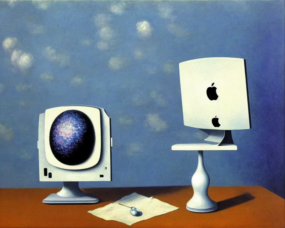 Image similar to achingly beautiful painting of a imac g 3 by rene magritte, monet, and turner. whimsical.