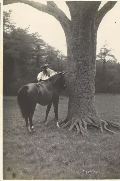 Image similar to a photo from the 1800s of 2 horses inside a tree