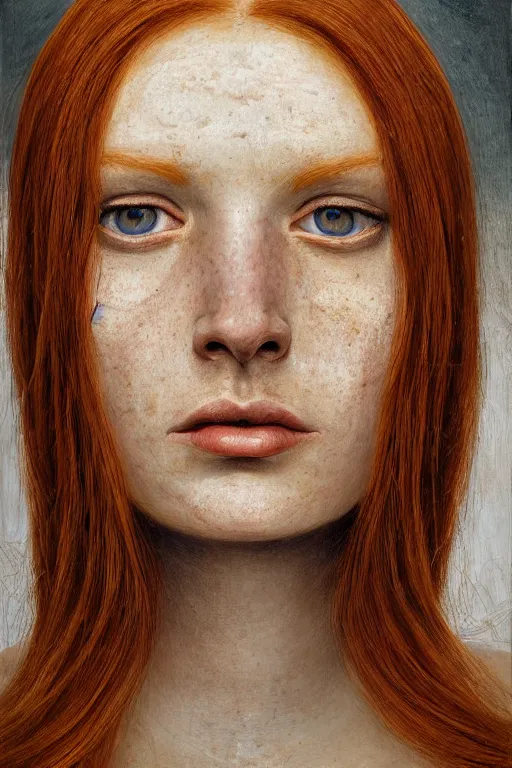Prompt: hyperrealism extreme close-up portrait of beautiful medieval ginger female with symmetrical face, freckles, pale skin, wearing dark silk, in style of classicism
