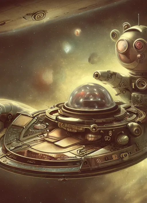 Image similar to highly detailed wide - angle portrait of a retro a retro mechanical saucer spaceship, nicoletta ceccoli, mark ryden, lostfish, earl nore, hyung tae, frank frazetta, global illumination, detailed and intricate environment