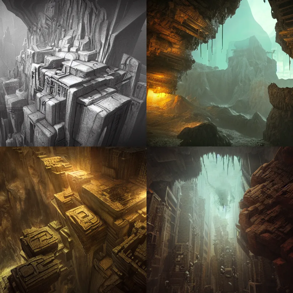 Image similar to inception lovecraft city carved from rock underground another inverted upside down above, artstation, cinematic warm volumetric lighting