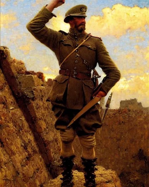 Image similar to muscular, rugged german soldier watches the horizon from on top of a castle wall, painting by gaston bussiere, craig mullins, j. c. leyendecker