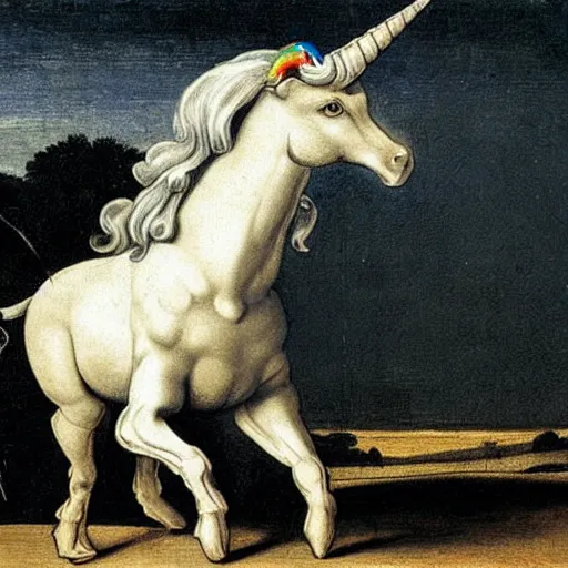 Image similar to a unicorn walking on rainbow in the style of caravaggio