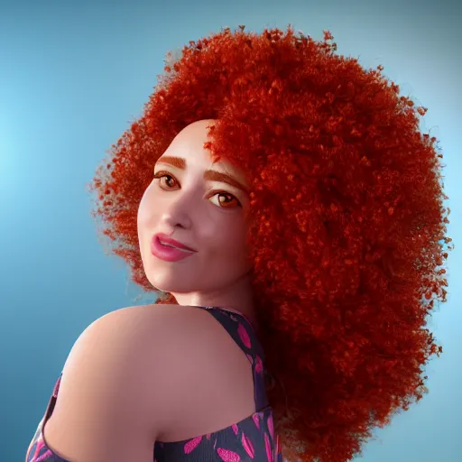 Image similar to Cinema4d Render of a gorgeous red haired woman with big curly hair and freckles, curvy figure wearing dress with flower print, realistic iris, Pixar CGI , octane render, sharp details, bloom, 8k resolution, OLED