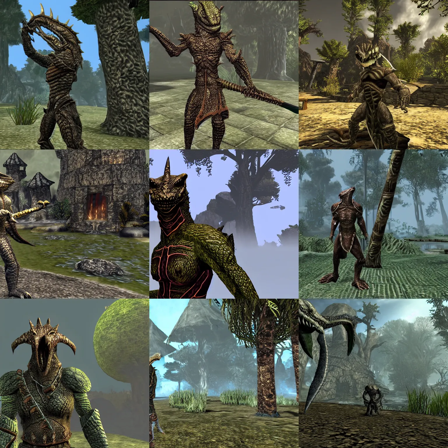 Prompt: A screenshot of an Argonian in Morrowind