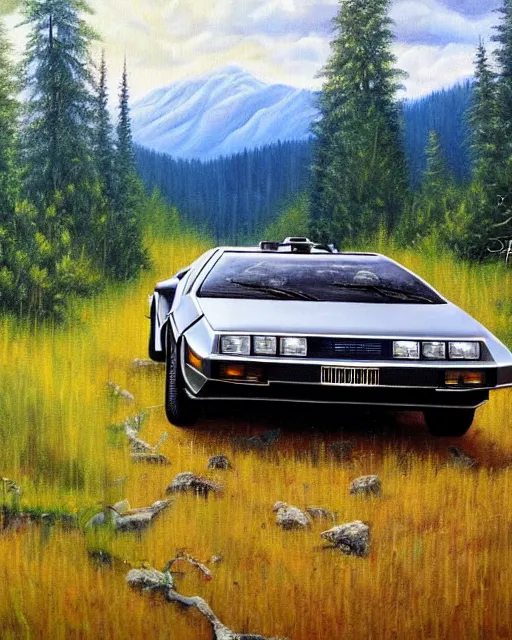 Prompt: delorean in the altai forest, detailed oil painting