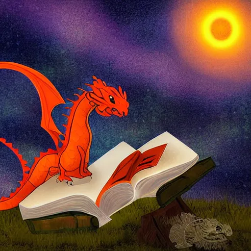 Prompt: dragon reading book under the stars, digital art