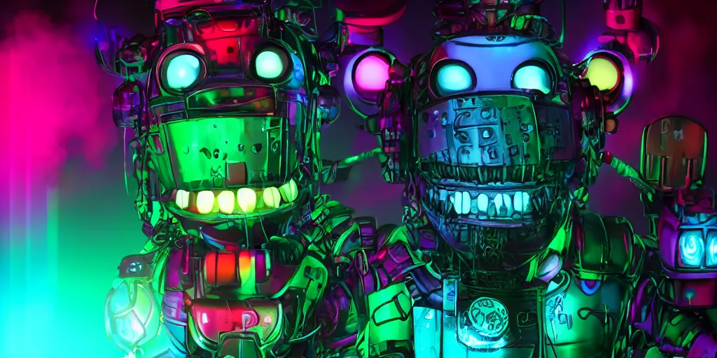 Image similar to fnaf freddy, cyberpunk, rgb, neon, hd, cinematic,