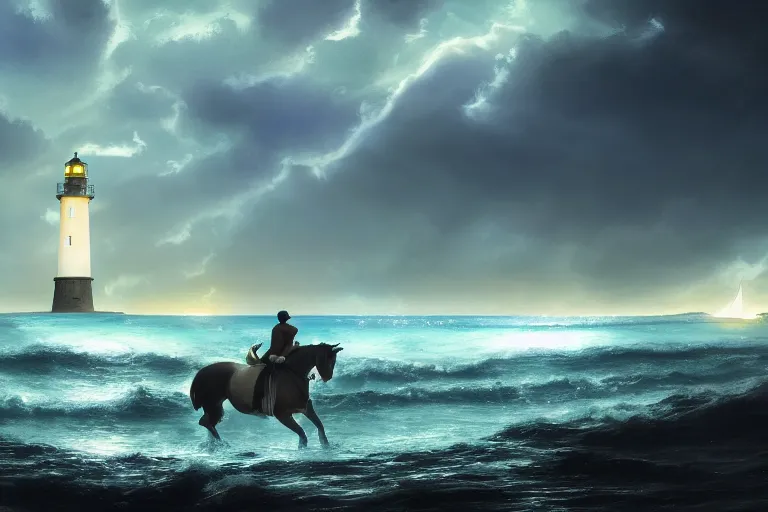 Image similar to photo of man riding a horse along the beach, glowing underwater waves toward a lighthouse in the distance guiding his way, silhouette, wide horizon, large white clouds, night, intricate, elegant, highly detailed, digital painting, artstation, concept art, smooth, sharp focus, illustration, art by artgerm and greg rutkowski and fra angelico