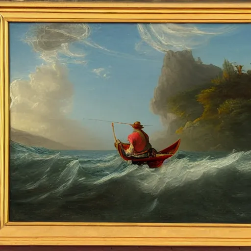 Image similar to highly detailed painting of a man fishing on a small boat in the ocean by thomas cole