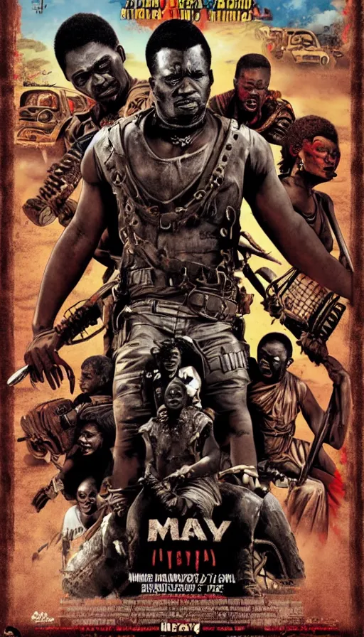 Prompt: painted Ghanaian movie poster for Mad Max by heavy J and Farkira and stoger
